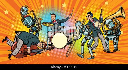 Jazz rock n roll band di uomo e robot Illustrazione Vettoriale