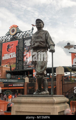 Hall of Famer scultura di Bath Ruth a Rigogolo Park a Camden Yards, casa di Baltimore Orioles squadra MLB, Baltimore, Maryland, Stati Uniti d'America. Foto Stock