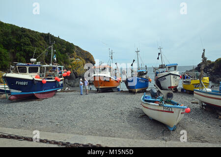 Barche da pesca sulla spiaggia a Cadgwith Cove, Cornovaglia, Regno Unito Foto Stock