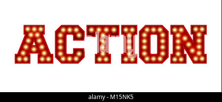 Azione parola fatta dal rosso vintage lampadina lettering isolate su un bianco. Il rendering 3D Foto Stock