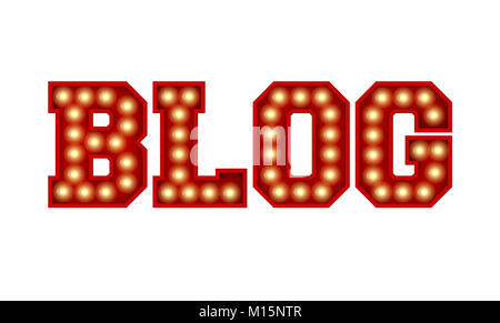 Blog parola fatta dal rosso vintage lampadina lettering isolate su un bianco. Il rendering 3D Foto Stock