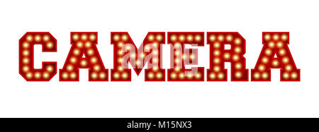 Fotocamera parola fatta dal rosso vintage lampadina lettering isolate su un bianco. Il rendering 3D Foto Stock