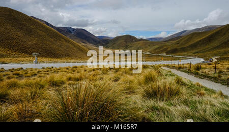 Strada di Montagna con erba secca campo sul Lindis Pass nell Isola del Sud della Nuova Zelanda. Foto Stock