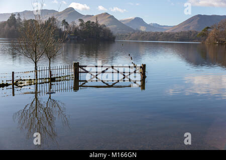 Un campo inondato sulle rive del Derwent Water Near Keswick Dopo forti piogge Foto Stock