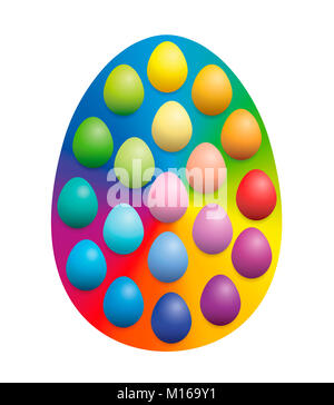 Le uova di pasqua distribuite su un grande arcobaleno colorato uovo di pasqua background per aumentare la loro intensità di colore. Immagine su sfondo bianco. Foto Stock