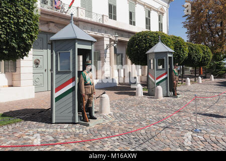 I soldati di guardia di fronte Sandor Palace, residenza del Presidente ungherese, Budapest, Ungheria Foto Stock