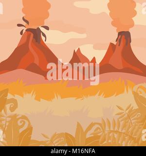 Un rosso paesaggio forestale con il vulcano e piante nella giungla Illustrazione Vettoriale