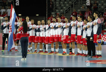 Zagabria, CroatiaJanuary 26th 2018, Zagreb, Croazia; unione Mens campionato di pallamano, Croazia contro la Repubblica ceca; Team Croazia hYMNE Credito: Laurent Lairys/Agence Locevaphotos/Alamy Live News Foto Stock