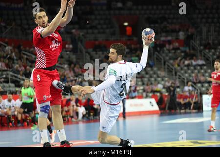 Zagabria, CroatiaJanuary 26th 2018, Zagreb, Croazia; unione Mens campionato di pallamano, Croazia contro la Repubblica ceca; Ondrej Zdrahala (Repubblica Ceca) in azione Credit: Laurent Lairys/Agence Locevaphotos/Alamy Live News Foto Stock