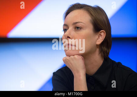 Mosca, Russia. Il 25 gennaio 2018. L'attrice Severia Janusauskaite nel corso di una conferenza stampa davanti alla stampa-anteprima del film Selfie alla Rossiya Segodnya agenzia di notizie internazionale di multimedia premere Centro. Credito: Victor Vytolskiy/Alamy Live News Foto Stock