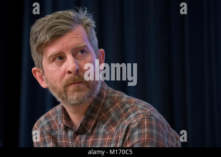 Mosca, Russia. Il 25 gennaio 2018. Film del regista Nikolai Khomeriki nel corso di una conferenza stampa davanti alla stampa-anteprima del film Selfie alla Rossiya Segodnya agenzia di notizie internazionale di multimedia premere Centro. Credito: Victor Vytolskiy/Alamy Live News Foto Stock