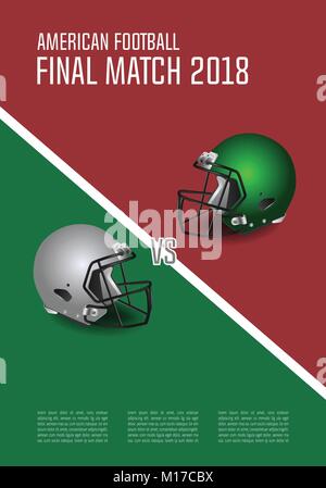 American Football match finale concetto poster. Argento, caschi verdi e il calcio su sfondo del campo. Illustrazione Vettoriale. Illustrazione Vettoriale