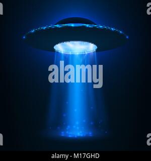 UFO astronave. Oggetto Volante non Identificato con il fascio di luce. Illustrazione Vettoriale Illustrazione Vettoriale