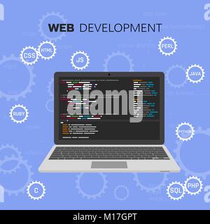 Programmazione e codifica. Linguaggi di programmazione. Sviluppo Web. Il test del software. Concetto infografico vettore Illustrazione Vettoriale