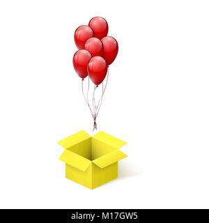 Scatola con sorpresa. Palloncini in volo da aprire il box giallo. illustrazione vettoriale Illustrazione Vettoriale
