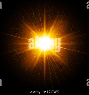 Scintille di colore giallo. Star burst con bagliori. Oro glitter, particelle di polvere. Trasparente luce incandescenza effetto. Illustrazione Vettoriale su sfondo scuro Illustrazione Vettoriale