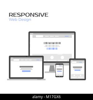 Concetto risponde Web Design. Landing page anteprima su schermo dei gadget. Piatto illustrazione vettore isolato su bianco Illustrazione Vettoriale