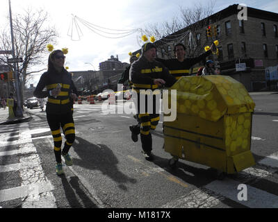 New York, Stati Uniti d'America. 26 gen, 2018. Il team 'impollinatori' è vestito come api durante il 'Idiotarod", una gara per il tempo libero in allusione al cane di gara di slittino "Iditarod' in Alsaka, in New York, US, 26 gennaio 2018. Credito: Johannes Schmitt-Tegge/dpa/Alamy Live News Foto Stock