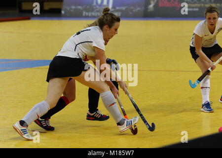 Jaffa Super 6s - Bowdon Hightown ha vinto 2-1 contro Leicester nella finale delle donne, casella di rame Arena, Olympic Park, London, Regno Unito. 28 Gen 2018 Foto Stock