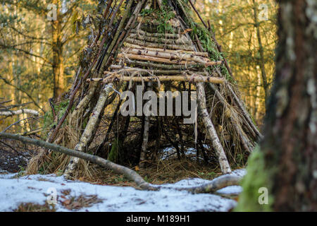 Shelter fatte di rami della foresta Foto Stock