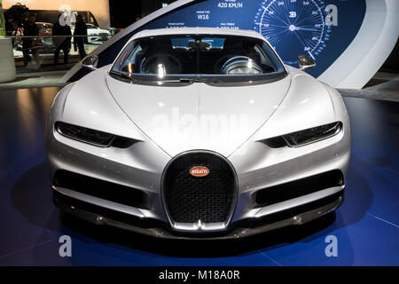 Bruxelles - Jan 10, 2018: nuova Bugatti Chiron super car presentati presso il Bruxelles Motor Show. Foto Stock