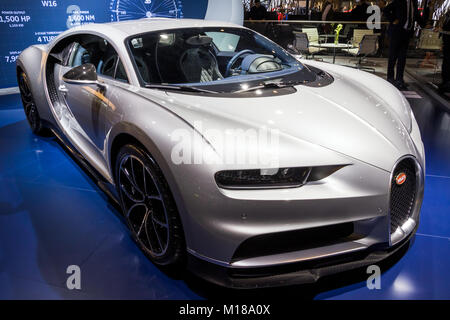 Bruxelles - Jan 10, 2018: nuova Bugatti Chiron super car presentati presso il Bruxelles Motor Show. Foto Stock