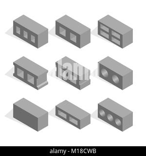 Set di forme differenti blocchi di calcestruzzo di scorie, vista da sinistra. Elementi di progettazione di materiali da costruzione. Appartamento 3D isometrica stile, illustrazione vettoriale. Illustrazione Vettoriale