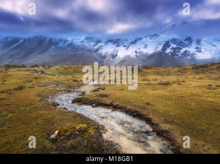 Le montagne con cime coperte di neve, piccolo fiume, giallo Erba e cielo nuvoloso al tramonto. Valle di montagna. Avventura in Nepal. Incredibile scena con Himalay Foto Stock