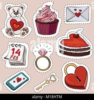 Illustrazione Vettoriale di cartoon adesivi per il giorno di San Valentino. Illustrazione Vettoriale