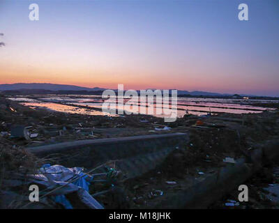 18 marzo 2011, Isobe, Soma, Fukushima, Giappone, hanno devastato la scena nel quartiere Isobe. I campi di riso sono state riempite con acqua di mare e macerie a causa di Tsunami. Poli elettrici sono state piegate e segnali di strada sono state distrutte. L'acqua, di gas e di energia elettrica sono state fuori uso per settimane in questo quartiere. Campo di riso viene desalinizzata adesso. Foto Stock