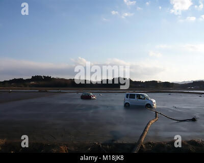 18 marzo 2011, Isobe, Soma, Fukushima, Giappone, hanno devastato la scena nel quartiere Isobe. I campi di riso sono state riempite con acqua di mare, automobili e macerie a causa di Tsunami. Poli elettrici sono state piegate e segnali di strada sono state distrutte. L'acqua, di gas e di energia elettrica sono state fuori uso per settimane in questo quartiere. Campo di riso viene desalinizzata adesso. Foto Stock