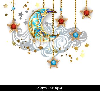 Gioielli, oro crescent con gioielli stelle su uno sfondo bianco con una nuvola di contornazione. Gioielli crescent. Illustrazione Vettoriale