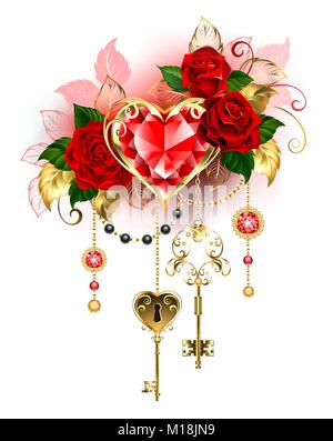 Prezioso rubino ​​heart decorate con rose rosse, catene d'oro, chiave di antiquariato su uno sfondo bianco. Cuore di Rubino. Illustrazione Vettoriale