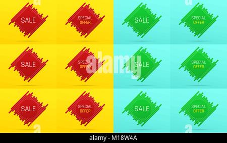 Creative Vendita banner. Iscrizione di offerte speciali o di vendita su un fondo costituito da piastrelle con rosso metallizzato e il colore verde. Set di vettore di vendita Bad Illustrazione Vettoriale