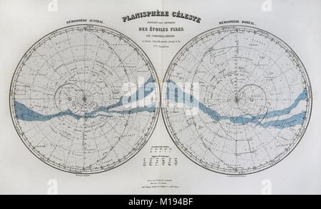 1877 Migeon Mappa Celeste Mappa Star in emisferi - nord e sud Sky Via Lattea Foto Stock