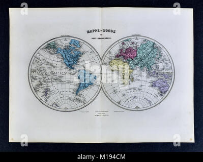 1877 Migeon Mappa - Mondo in emisferi orientale - occidentale - America del nord America del Sud Europa Africa Asia Australia Foto Stock