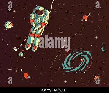Si tratta di un'illustrazione colorata di un astronauta giocando a golf nello spazio con i pianeti Illustrazione Vettoriale