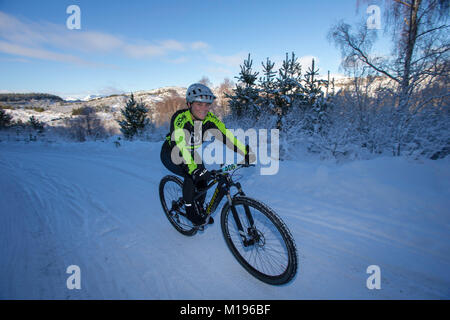 Pilota al Strathpuffer 24 ora mountain bike race a Strathpeffer nelle Highlands Scozzesi. Foto Stock