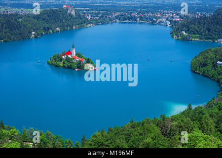 Vista aerea del Lago di Bled, Alpi, la Slovenia, l'Europa. Montagna lago alpino. Isola con la Chiesa nel lago di Bled. Paesaggio estivo. Castello e le montagne in bac Foto Stock