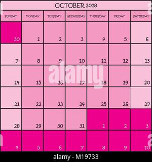 Pianificatore di Calendario Ottobre 2018 su sfondo trasparente Illustrazione Vettoriale