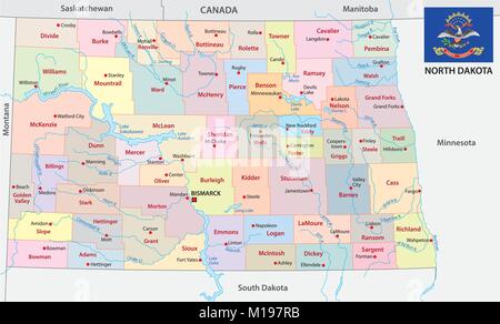 Il Dakota del Nord politica e amministrativa di mappa vettoriale con bandiera Illustrazione Vettoriale