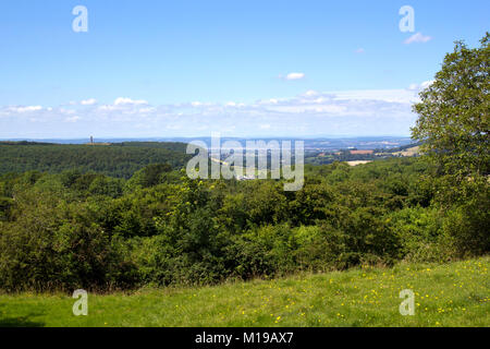 Vista verso il monumento Tynedale sul bordo del Cotswold Hills scarpata vicino a Wotton Under Edge, Gloucesteshire, UK. Foto Stock