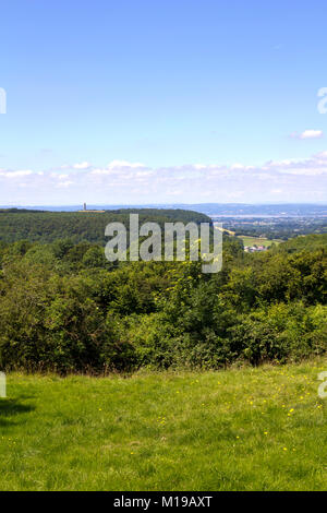 Vista verso il monumento Tynedale sul bordo del Cotswold Hills scarpata vicino a Wotton Under Edge, Gloucesteshire, UK. Foto Stock