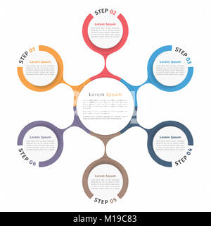 Schema circolare con sei elementi, fasi o opzioni del diagramma di flusso o diagramma di flusso di lavoro modello, EPS vettoriali10 illustrazione Foto Stock