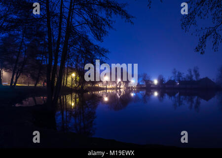 Vista notturna di un lago con le luci della città ed edifici. Nebbia a fine stagione invernale, incorniciato da una silhouette di alberi. Foto Stock