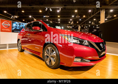 HOUSTON, TX - Gennaio 28, 2018: Tutti i nuovi 2018 Nissan Leaf EV auto elettriche mostrato a Houston Auto Show. Seconda generazione EV il nuovo stile e la più ampia gamma di dispositivi Foto Stock