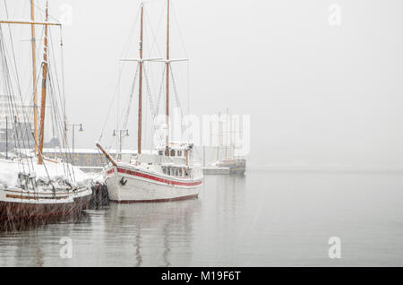 Coperta di neve sailling navi nel porto di Oslo durante una forte tempesta di neve. Oslo, Norvegia. Foto Stock