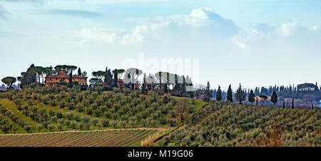 Il paesaggio toscano e strada di campagna con cipressi, alberi e palazzi antichi. Regione Toscana in Italia. Foto Stock