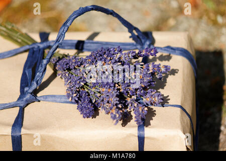 Vista dall'alto di una confezione regalo avvolti in carta kraft decorato con profumo di lavanda Foto Stock