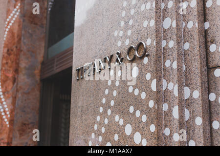 NEW YORK, NY - Giugno 9th, 2014: dettaglio di Tiffany & Co logo sull'ingresso del famoso negozio di Manhattan Foto Stock